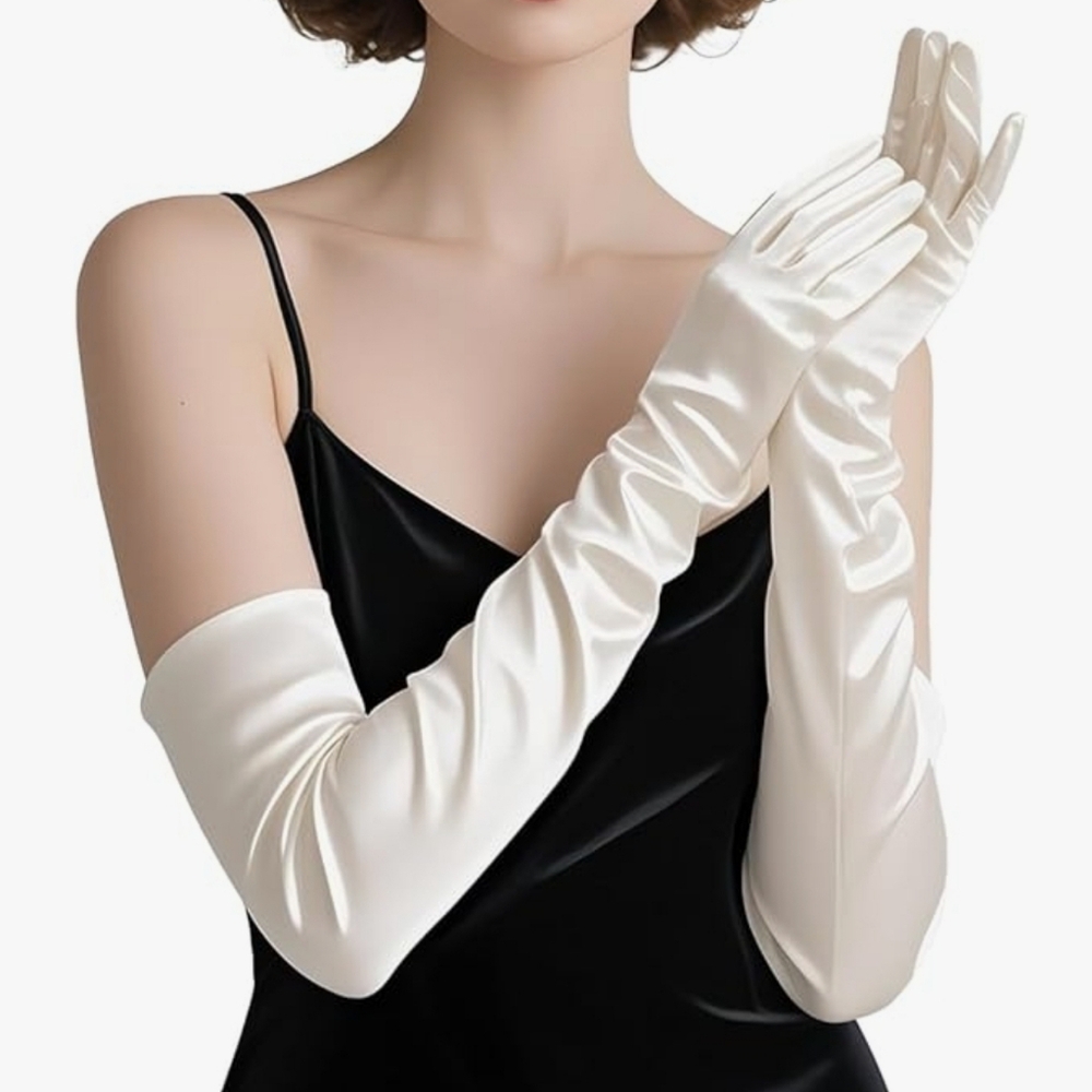 Elegant Winter White Satin Opera Gloves NWT